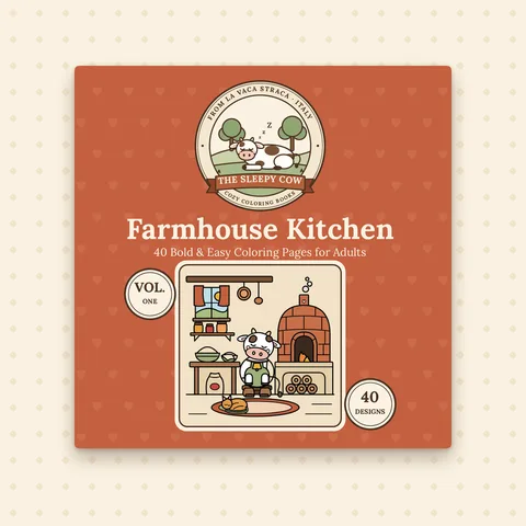 Copertina del libro da colorare The Sleepy Cow Vol. 1 – Farmhouse Kitchen