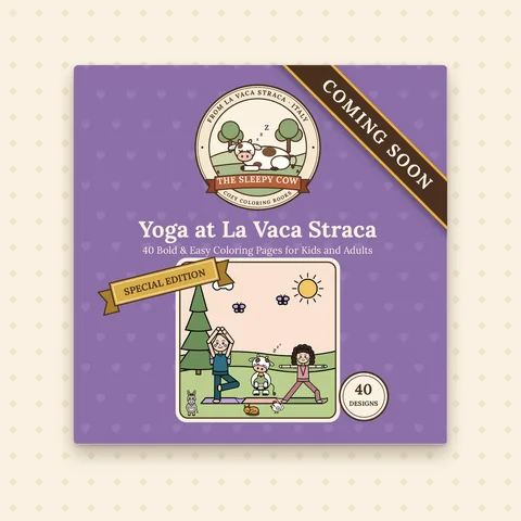 Copertina del libro da colorare The Sleepy Cow Vol. 6 – Yoga at La Vaca Straca